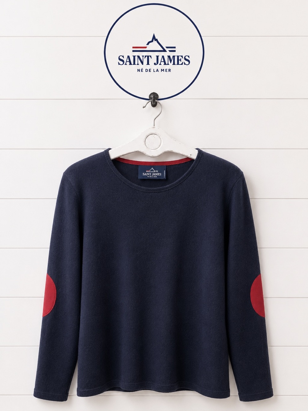 SAINT JAMES Navy Sweater with Red Heart Elbow Patches – size 14
